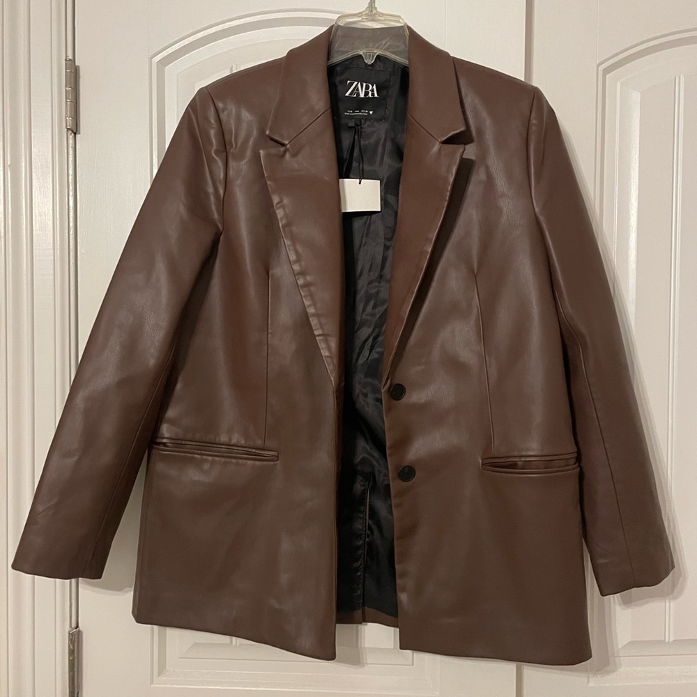 Zara Faux Leather Blazer in Brown